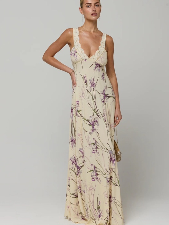 RESA Dresses & Skirts - RESA Cream Maxi Dress with Purple Floral Print and Lace Trim